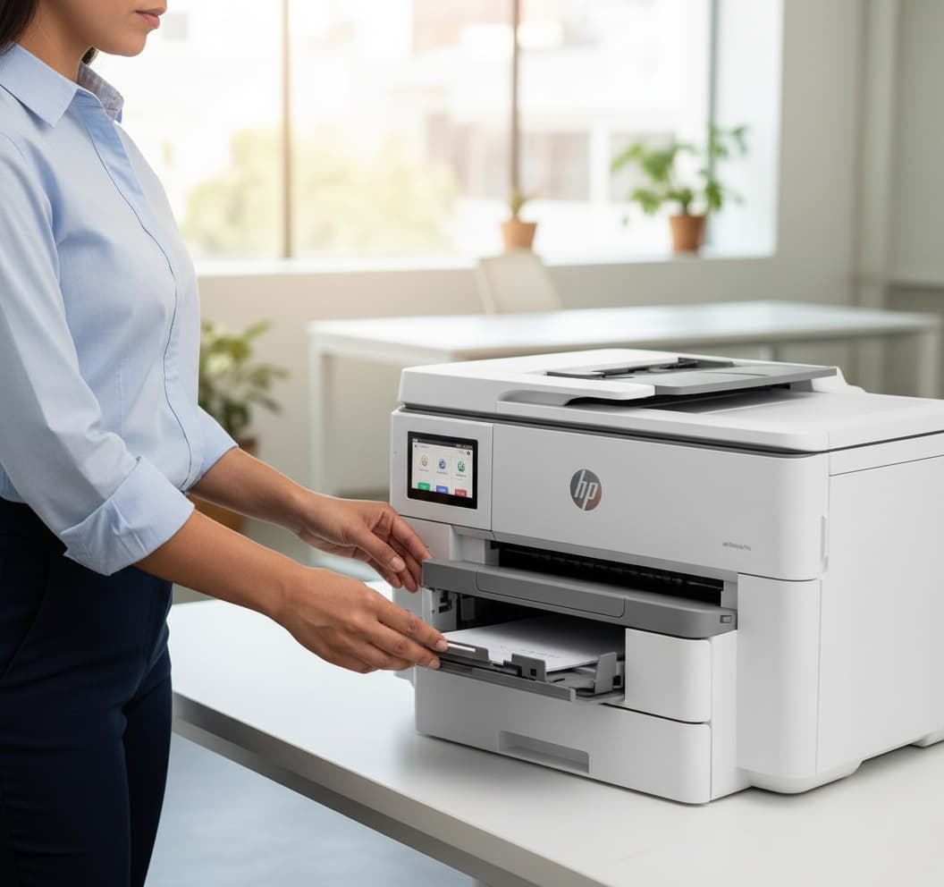 Encargado de compras mexicano evaluando impresoras láser e inkjet en oficina corporativa