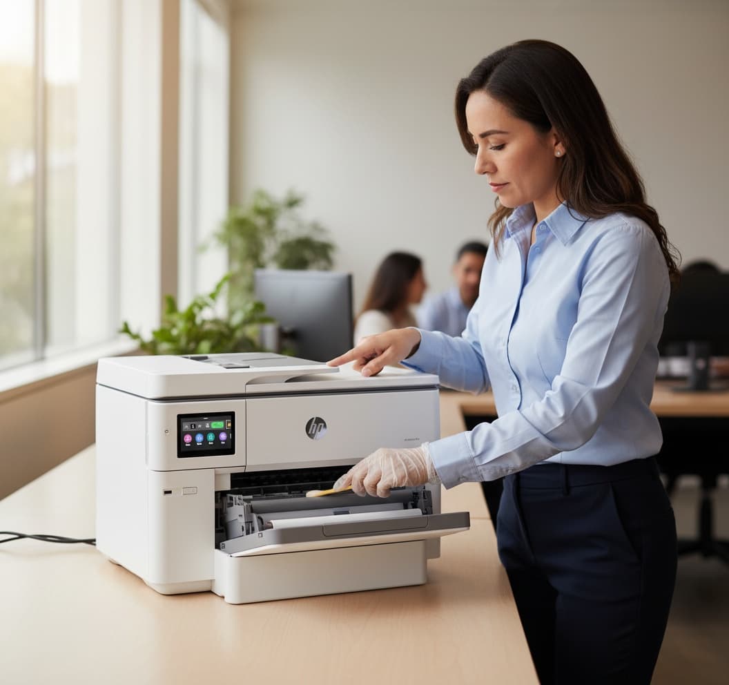 Técnico mexicano realizando mantenimiento preventivo en impresora multifuncional HP en oficina
