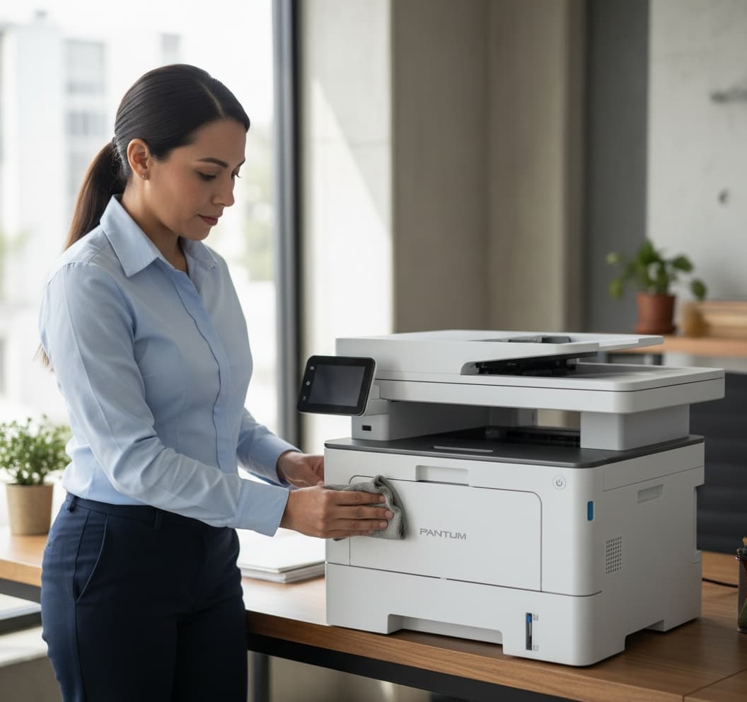 Equipo mexicano aplicando prácticas de impresión sustentable con papel reciclado en oficina