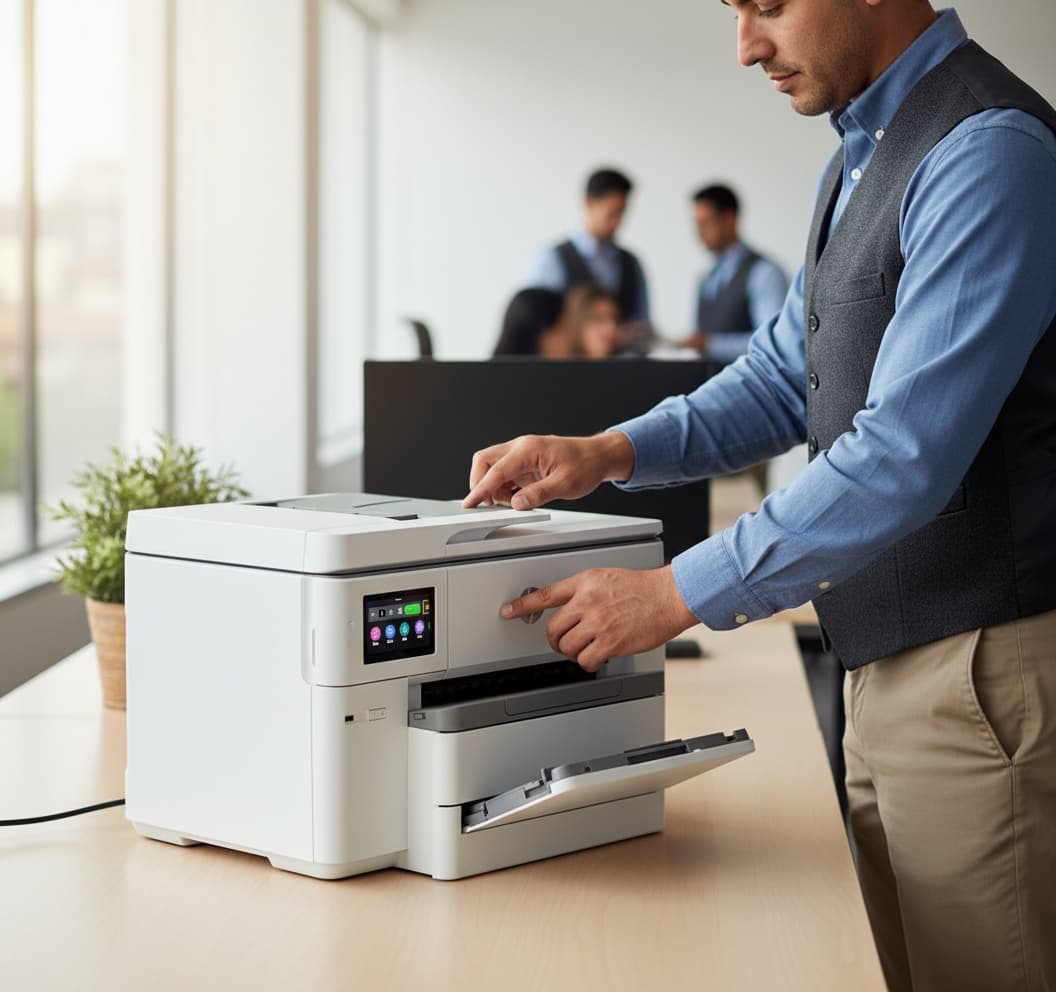 Dueño de PyME mexicano utilizando impresora multifuncional HP en mostrador de negocio