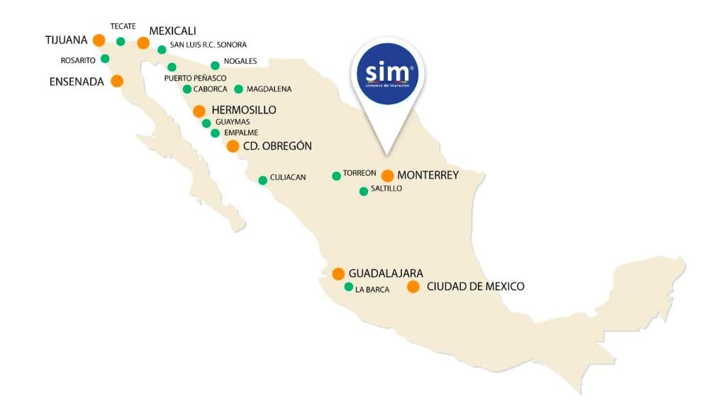 Mapa de cobertura SIM — oficinas propias y ciudades con cobertura en México